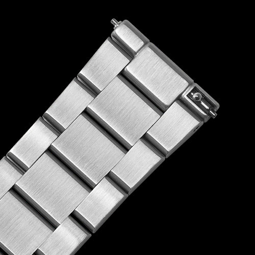 Image of silver stainless steel band close up.