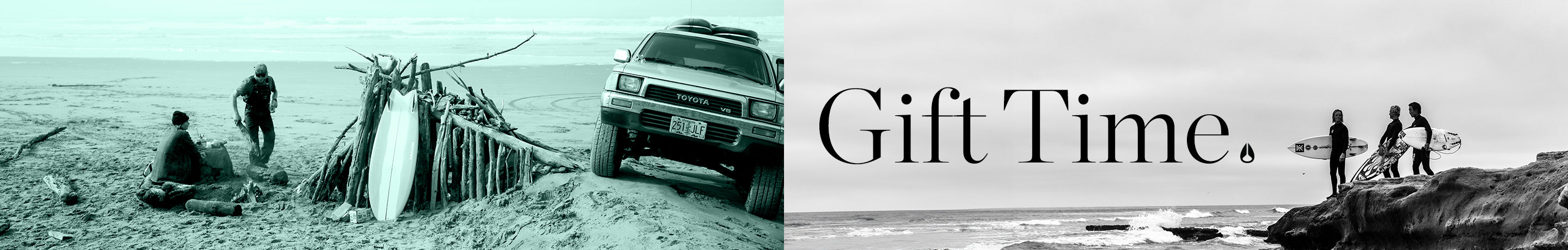 "Gift Time" image featuring a teal-tinted beach scene with a Toyota 4Runner and surfers, alongside a black and white scene of surfers on a cliff.