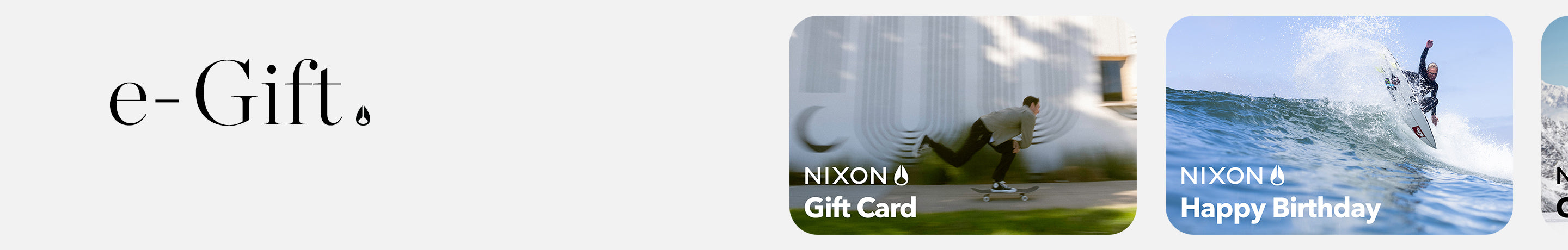 Nixon e-Gift cards with designs featuring skateboarding, surfing, and a snowy mountain.