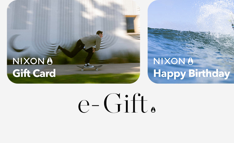 Nixon e-Gift card options: skateboarder for gift card, wave for happy birthday.