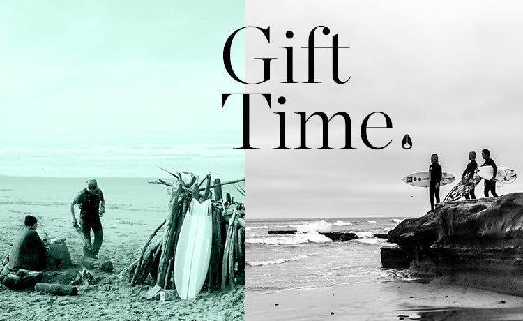 Two surfers by a campfire and three surfers on a cliff overlooking the ocean, with "Gift Time." text.