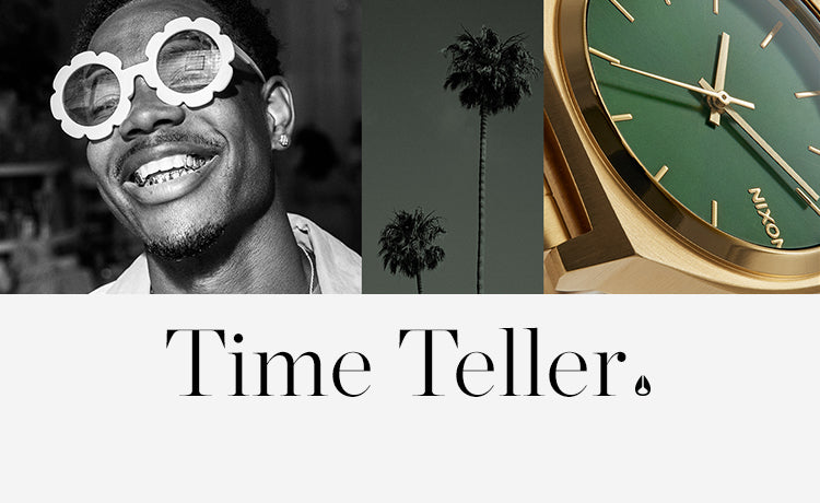Collage featuring a smiling man in flower sunglasses, palm trees, and a gold Nixon Time Teller watch with a green face.