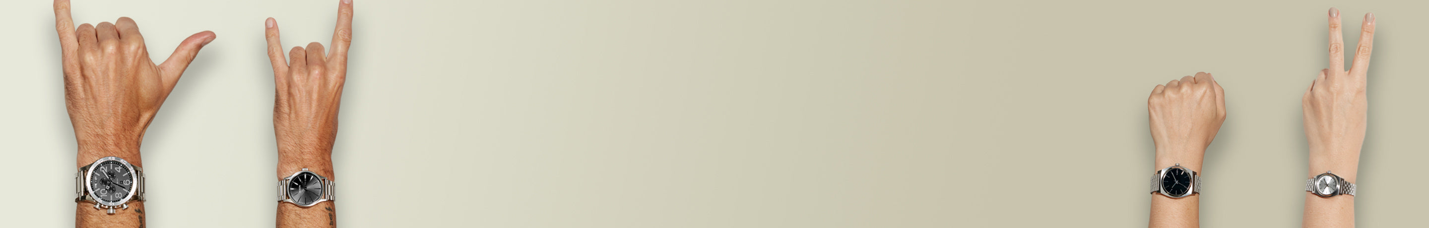 Four hands displaying different watch styles and sizes with various hand gestures.